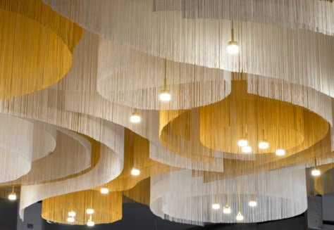 Sound Panels, Desert Town, Fabric Ceiling, Cloud Lamp, Ceiling Treatments, Simple Interior, Ceiling Installation, Large Chandeliers, Ceiling Decor