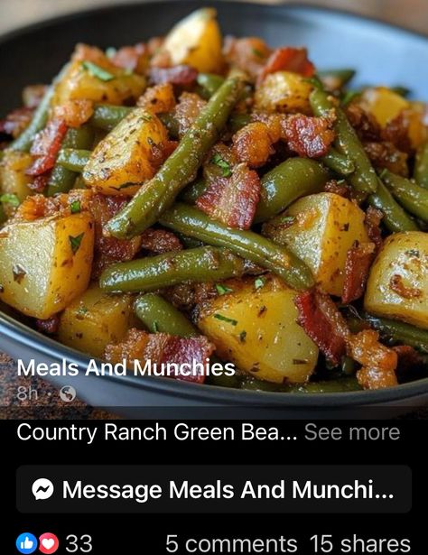 Country Ranch Green Beans and Potatoes with Bacon 🥔🥬🥓  ￼  Ingredients: 1 lb fresh green beans, trimmed and cut into bite-sized pieces 🥬 4 cups baby potatoes (or 4 large potatoes, peeled and diced) 🥔 6 slices bacon, chopped 🥓 1 onion, diced 🧅 2 cloves garlic, minced 🧄 1 packet (1 oz) ranch seasoning mix 🌿 1 cup chicken broth 🍗 1/2 teaspoon dried thyme 🌿 1/2 teaspoon dried rosemary 🌿 Salt and pepper, to taste 🧂 2 tablespoons olive oil (optional, if needed) 🫒 Instructions: Cook the Bacon:  In a large skillet or Dutch oven, cook the chopped bacon over medium heat until crispy. Remove the bacon with a slotted spoon and set it aside, leaving the drippings in the pan. 🥓🔥 Sauté the Aromatics:  In the same skillet with the bacon drippings, add the diced onion. Cook until softened, a Green Bean Potatoes And Bacon, Country Green Beans And Potatoes, Country Ranch Green Beans And Potatoes With Bacon, Country Ranch Green Beans And Potatoes, Pioneer Woman Green Beans, Green Bean And Potato Casserole, Chicken Potatoes And Green Beans, Country Green Beans, Ranch Green Beans