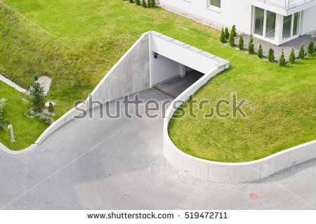 Underground Parking Entrance, Slope Landscape Design, Parking Entrance, Underground Houses, Entrance Outdoor, Slope Landscape, Basement Parking, Landscaping A Slope, Autocad Revit