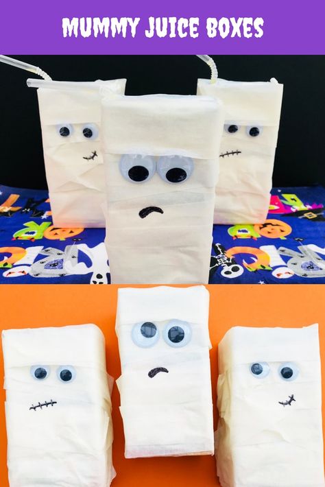 Juice Boxes For Halloween, Mummy Wrapped Juice Boxes, Halloween Kindergarten Snacks, Juice Box Mummies, Ghost Juice Boxes, Halloween Juice Boxes For Kids, Mummy Juice Boxes Halloween, Halloween Party Favours, Mummy Juice Boxes