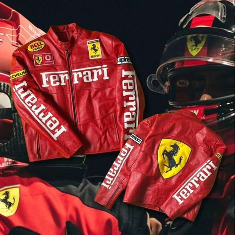 RED FERRARI RACE JACKET TRULY LEATHER FULLY EMBROIDERED IMPORTED🛩 ALL SIZES AVAILABLE (S-XXL) DM FOR ORDERS📌 Ferrari Leather Jacket Outfit, Ferrari Racer Jacket, Ferrari Leather Jacket, Leather Ferrari Jacket, Ferrari Jacket Girl, Vintage Ferrari Jacket, Ferrari Jacket, Red Ferrari, Bell Helmet