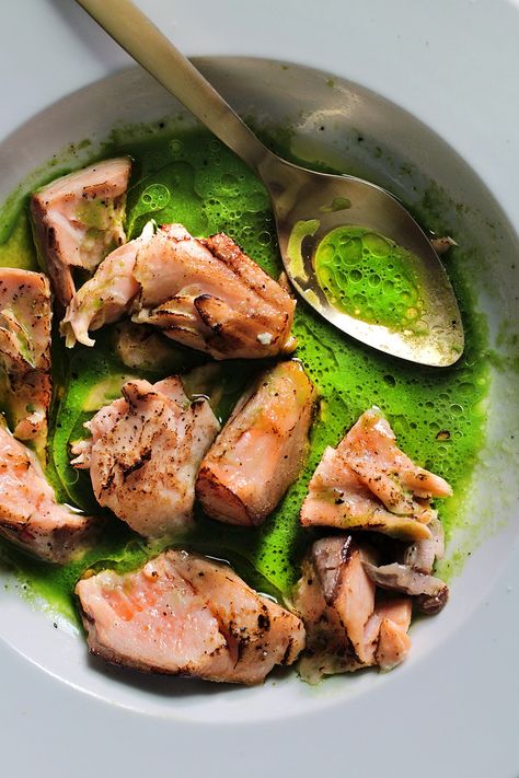 Lady and Pups | TORCHED SALMON IN GREEN JUICE SAUCE Torched Salmon, Entertaining Dishes, Green Sauce, Infinite Possibilities, Green Juice, Fish Dishes, Seafood Dishes, Fish And Seafood, I Love Food