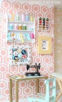 DIY dollhouse by craftiness is not optional Dollhouse Sewing Room, Diy Dollhouse Miniatures, Sewing Nook, Miniature Sewing, Vintage Machine, Shelving Storage, Mini Doll House, Dollhouse Projects, Fun Wallpaper