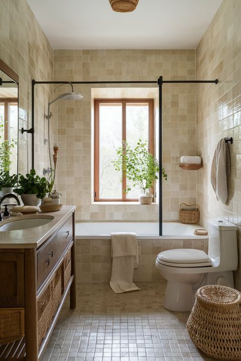 Turn your bathroom into a warm, natural haven! Incorporate beige tiles, wooden vanities, and woven decor with greenery and sunlight for a soothing, spa-inspired space. #BathroomDesign #NaturalBathroom #SpaBathroom #BeigeBathroom #WoodenVanities #SereneBathroom #WovenDecor #BathroomRetreat #InteriorDesignInspo #BathroomGoalsd sunlight for a soothing, spa-inspired space. Tan Tile Bathroom Ideas Modern, Natural Aesthetic Bathroom, Bathroom Ideas With Big Bathtub, Cozy Luxury Bathroom, Tan Stone Bathroom, Earthy Small Bathroom Ideas, Boho Spa Bathroom Ideas, Fresh Bathroom Design, Cottage Modern Bathroom