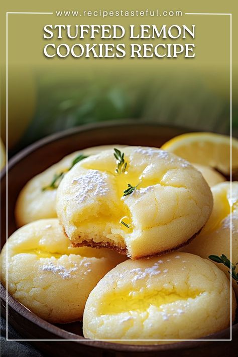 These delightful stuffed lemon cookies feature a soft, buttery exterior with a creamy lemon filling that adds a refreshing burst of flavor. Perfect for springtime gatherings or as a light dessert, these cookies are sure to please lemon lovers of all ages. Italian Lemon Cookies Recipe, Stuffed Lemon Cookies, Cookie Recipes Lemon, Lemon Tea Cookies, Lemon Drop Cookies, Lemon Cookie, Light Dessert, Lemon Cookies Recipes, Recipes Cookies