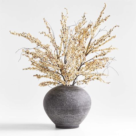 White Mini Berry Stem Arrangement in Ophelia Matte Black Round Vase | Crate & Barrel Kitchen Counter Styling, Christmas Vases, Faux Olive Tree, Artificial Floral Arrangements, Christmas Plants, Faux Floral Arrangement, Reindeer Decorations, Round Vase, Crate Barrel