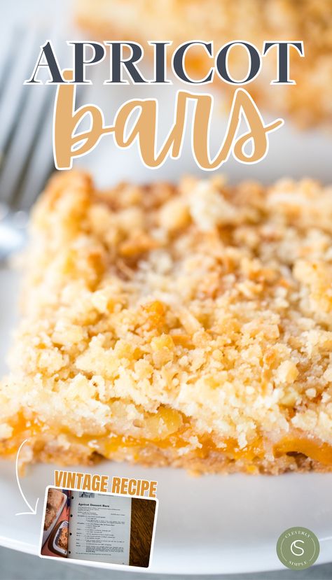 This recipe for apricot bars is a real winner, with its sweet, buttery, and soft layers that will leave you craving for more. It's a vintage Pillsbury recipe! Vintage Pillsbury Recipes, Apricot Cheesecake Bars, Apricot Desserts Easy, Canned Apricot Recipes Desserts, Apricot Recipes Dessert, Apricot Desserts, Apricot Bars Recipe, Cleverly Simple, Apricot Dessert