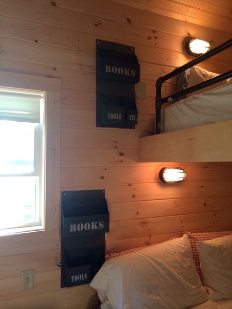 bunkhouse shed - pine paneled bunkhouse shed interior with nautical style reading lights - Atticmag Bunkhouse With Bathroom, Lake Bunkhouse Ideas, Small Bunkhouse Ideas, Shed To Bunkhouse, Bunkie Ideas 10x10 Interior, Shed Bunkhouse Ideas, Bunkie Ideas 10x10, Shed Bunkhouse, Bunkhouse Ideas Guest Cabin