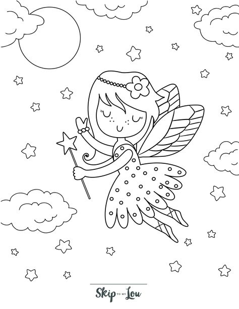 Skip to my Lou - Fairy Coloring Pages - Flying fairy in the clouds with stars Name Coloring Pages, Fairy Cartoon, Fairy Coloring Book, Snowman Coloring Pages, Skip To My Lou, Star Coloring Pages, Shark Coloring Pages, House Colouring Pages, Cartoon Coloring