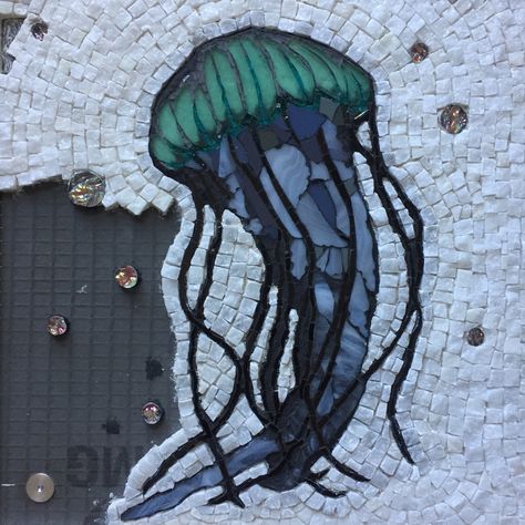 Mosaic Jellyfish by Maria Vud, stained glass mosaic jellyfish, marble mosaic jellyfish Mosaic Jellyfish, Sea Mosaic Ideas, Jellyfish Mosaic Art, Diy Jellyfish Decoration, Mosiac Art Koi, Mosaic Sea Life, Mosaic Drawing, Mosaic Art Sea, Jellyfish Pictures