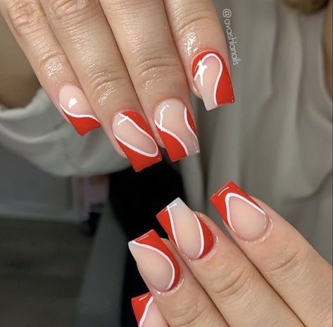 Red Shirt Nail Designs, Red Nails Ideas Short Square, Short Square Acrylic Nails Designs Red, Swirl French Tip Nails Square, Cute Short Red Acrylic Nails, Cute Red Nails, Sns Nails Designs, Natural Gel Nails, Acrylic Nail Shapes