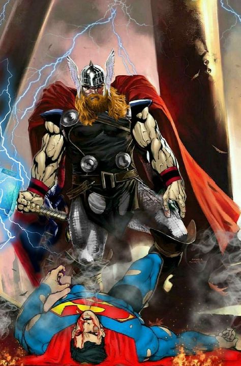 Thor vs Superman Thor Vs Superman, Dc Artwork, Thor Comic Art, Thor God, Marvel And Dc Crossover, Thor Art, Dc Animated, Thunder God, Thor Comic