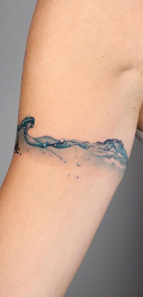 Womens Ocean Tattoo, Ocean Armband Tattoo, Water Wrap Tattoo, Wrap Around Wave Tattoo, Sea Tattoos For Women Ocean, Ocean Bracelet Tattoo, Ocean Based Tattoos, Ocean Thigh Tattoo Women, Wave Bracelet Tattoo