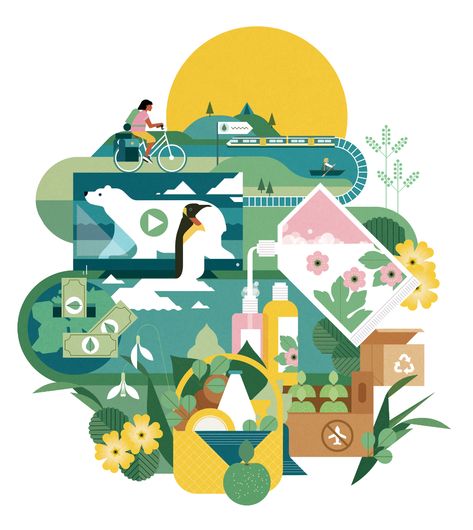 Clean Lines Aesthetic, Sustainability Illustration Graphics, Illustration Styles Inspiration, Environment Campaign, Biodiversity Illustration, Eco Illustration, Environmental Illustration, Explore Illustration, Holiday Poster Design