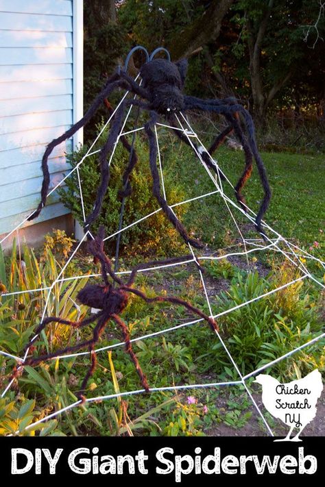 Get the garden ready for Halloween by turning basic white clothesline into an impressive giant clothesline spider web! It's an easy and cheap way to get in the Halloween spirit in minutes! #halloween #diyhalloween #halloweendecorationideas #outdoorhalloween Spider Web Diy, Halloween Candle Holders, Creepy Graveyard, Spooky Halloween Candles, Halloween Diy Outdoor, Spider Web Decoration, Giant Spider, Halloween Decorations Diy Outdoor, Scary Decorations