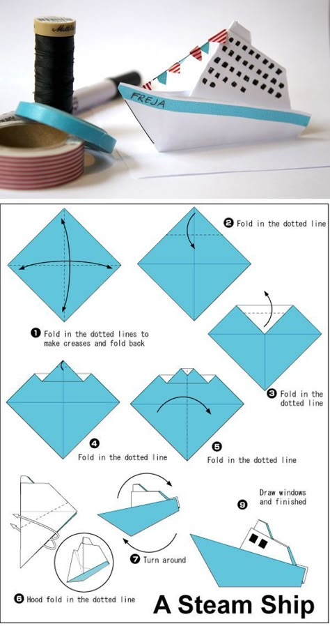 Simple origami steamer ship   For summer indoor entertainment craft idea for older kids Origami Boat, Tutorial Origami, Paper Blog, Origami And Kirigami, Desain Quilling, Instruções Origami, Folding Origami, Origami Folding, Cool Paper Crafts