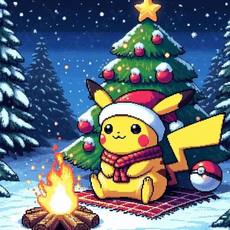 Pokemon Christmas Pfp, Anime Xmas Icon, Christmas Pokemon Wallpaper, Pokemon Christmas Wallpaper, Pixel Art Pikachu, Xmas Anime, Pokémon Christmas, Christmas Pikachu, Pikachu Christmas