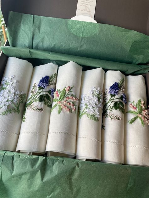 Buy Set of 6 Spring Blooms Hand Embroidered Reusable Napkins Online in India - Etsy New House Gifts, Embroidered Linen Napkins, Embroidery Napkins, Reusable Napkins, Linen Dinner Napkins, Floral Napkins, Embroidered Napkins, Hand Embroidered Flowers, White Napkins