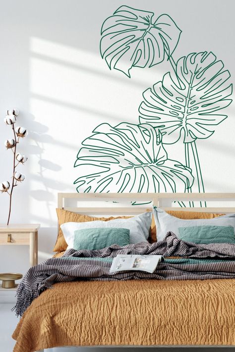 Tropical Bedroom Decor, Wall Decals For Bedroom, Leaf Wall, Monstera Leaves, Maximalist Decor, Leaf Wall Art, Creative Wall, Message Box, Decal Design