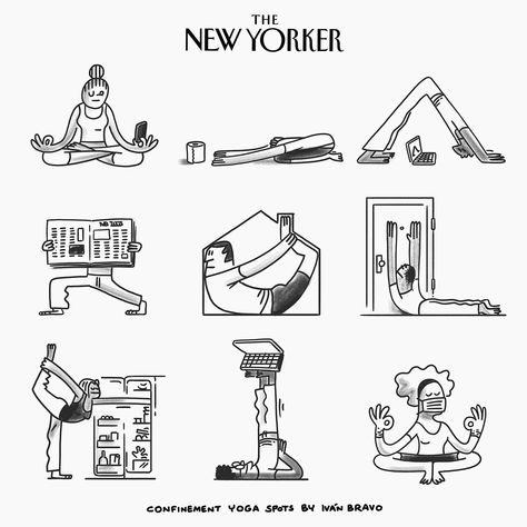 Confinement yoga spots for The New Yorker on Behance New Yorker Spot Illustration, Yoga Illustration Art, New Yorker Illustration, Care Illustration, Studio Illustration, Spot Illustration, 달력 디자인, Body Glow, Yoga Illustration