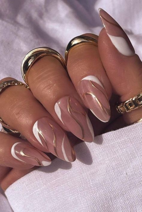 cute nails Simple Prom Nails, Almond Acrylic Nails Designs, White Nails With Gold, Prom Nail Designs, Graduation Nails, May Nails, White Acrylic Nails, Girly Acrylic Nails, Simple Acrylic Nails