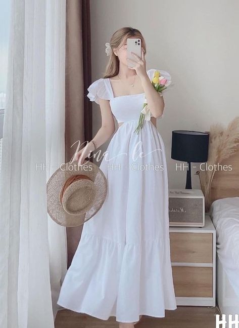 Summer Dress Outfits Aesthetic, ဂါ၀န် Design, Long Summer Dress Outfits, Dress Outfits Aesthetic, Long Dress Korean, Most Pinned, Aesthetic Tips, Long Summer Dress, Ivory Blouse