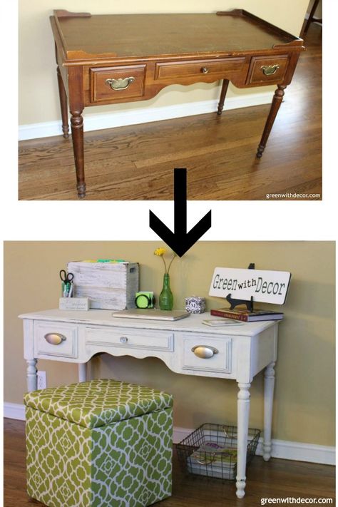 This is a great list of gorgeous white painted furniture makeovers! So many easy, great ideas! This desk makeover is great, click through to see the rest! #greenwithdecor #furnituremakeover  #whitepaint #desk #homeoffice Diy Lake, Easy Diy Desk, Offices Ideas, Command Center Ideas, Coastal Diy, Diy Furniture Building, Paint Glaze, Blue Diy, Cottage Diy