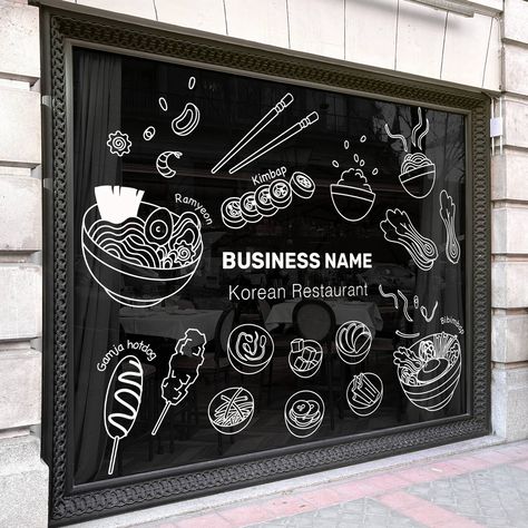 Transform your Korean restaurant with our custom vinyl decal! Perfect for both interior and exterior decor, this decal features detailed illustrations of popular Korean dishes like Ramyeon, Kimbap, and Bibimbap. Personalize your business logo and lettering to create a unique and inviting atmosphere for your customers. Our vinyl decals are easy to apply and durable, ensuring a long-lasting and professional look. Ideal for any Asian restaurant looking to enhance its ambiance and attract more cu... Restaurant Signage Design, Glass Sticker Design, Open Kitchen Restaurant, Korean Decor, Restaurant Graphics, Decal Business, Glass Wall Design, Restaurant Signage, Logo Signage