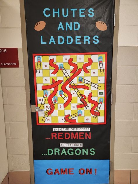 Each year for Spirit Week (Homecoming) we have a theme and door decorating gives points to each grade level. This year's was Board Games and all the popular ones were already taken, so Chutes and Ladders was left. My homeroom kids are the game pieces at the top of each ladder. Nothing popped up on pinterest for inspiration on this game for door decoration. Chutes And Ladders Bulletin Board, Board Game Homecoming Theme, Chutes And Ladders Decorations, Spirit Week Homecoming, Spirit Week Themes, Chutes And Ladders, Board Game Themes, Raffle Ideas, Homecoming Floats