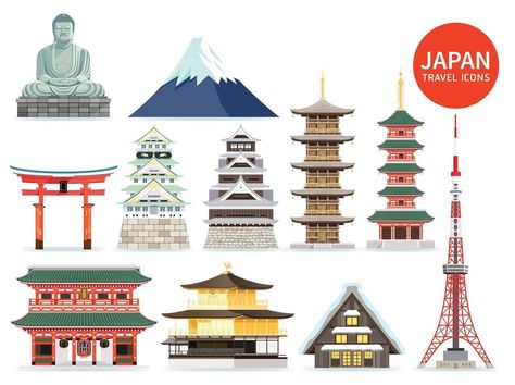 Japan famous landmark icons. Vector illustrations. Mini Zen Garden, Travel Icon, Tree Saw, Famous Landmarks, Cityscape Photos, Nature Backgrounds, Vector Illustrations, Marketing Design, Custom Illustration