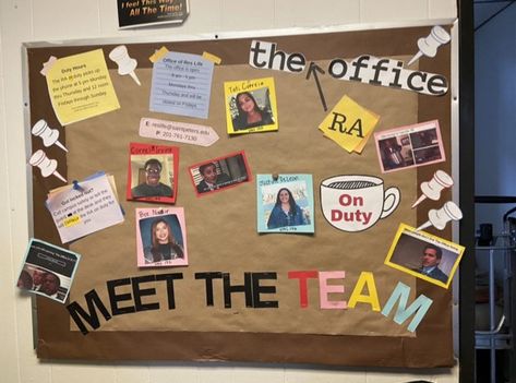 Our Ra office board to let our residents and campus safety know who the RA on duty is. There is also some additional information regarding the Office Of Residence Life and possible questions. #RA #reslife . The theme I was going for was the show “the office”. Also, graphics are made on canva! The Office Themed Bulletin Board, Meet The Team Bulletin Board Office, Ra Staff Bulletin Board, The Office Door Decs, Whos On Duty Board Ra, The Office Ra Board, Ra On Duty Board, The Office Bulletin Board, Ra Duty Board