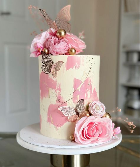 Girly Butterfly Cake, Girly Tiered Cake, Birthday Cake For Women Butterfly, Pink Tall Cake, Pink Birthday Cake With Butterflies, 18th Birthday Cake Designs, Pink Cakes, One Layer Cakes, London Wallpaper