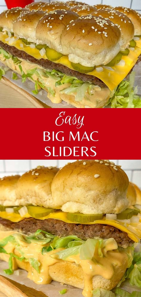 Big Mac Sliders Sheet Pan Big Mac Sliders, Big Mac Pretzel Sliders, Sliders With Hamburger Meat, Mini Big Mac Cheeseburgers, Big Mac Roll Up, Big Mac Sliders Hawaiian Rolls, Big Mac Sliders Recipes, Pot Pie Recipe Beef, Slider Meals