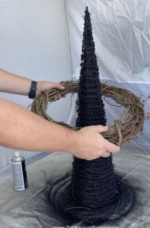 Cute Halloween Craft Ideas - Craftionary Diy Wicker Witch Hat, Diy Witch Hat Decoration, Witches Hat Wreath Diy, Grapevine Christmas Tree, Make A Witch Hat, Halloween Exterior, Witch Hat Decor, Outdoor Halloween Decorating, Diy Witch Hat