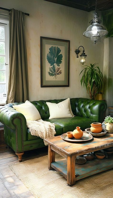 Create a warm and inviting brown and green living room with a perfect blend of earthy tones and natural textures. This modern yet rustic space features a deep green leather sofa, a solid wood coffee table, and neutral beige cushions for a balanced and cozy aesthetic. Soft olive green curtains complement the warm brown walls, creating a soothing and harmonious ambiance. The decor includes botanical wall art, ceramic vases, and a woven jute rug that enhances the room’s natural charm. Whether you’re designing a boho-inspired home, a minimalist retreat, or an elegant vintage setting, this brown and green color scheme offers the perfect balance of style and comfort.💚🧡✨ Green Living Room Decorating Ideas, Brown And Green Living Room, Olive Green Curtains, Green Leather Sofa, Green Living Room Ideas, Soft Olive Green, Wall Art Ceramic, Vintage Setting, Green Color Scheme