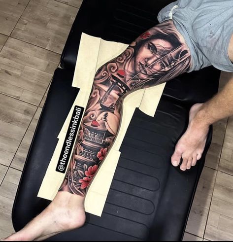 Japanese Calf Tattoo Men, Japenses Tatoos Design, Japanese Leg Sleeve, Chest Tattoo Sketches, Samurai Tattoo Sleeve, Calf Tattoo Men, Tattoo Japanese Style, Japanese Legs, Full Leg Tattoos