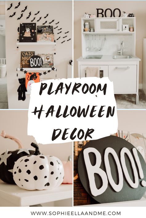 Halloween Decor Playroom, Halloween Playroom, Indoor Halloween Decor Ideas, Kid Friendly Halloween Decorations, Kid's Playroom, Halloween Decorations For Kids, Halloween Room, Kid Friendly Halloween, Halloween Disney