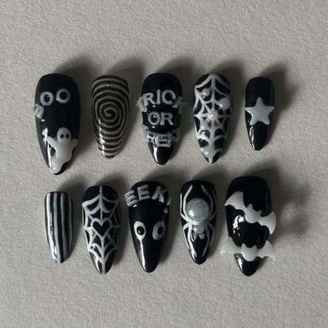 Happy Halloween! Wear this BOO!-tiful set for the month of October! Every set is custom made to order with no returns! Nails Halloween Almond, Black N White Halloween Nails, Halloween Nails With Pumpkins, Halloween Nails Easy Design, Black And Silver Halloween Nails, Nails Inspo Acrylic, Black And White Halloween Nails, Demure Nails, Nail Bat