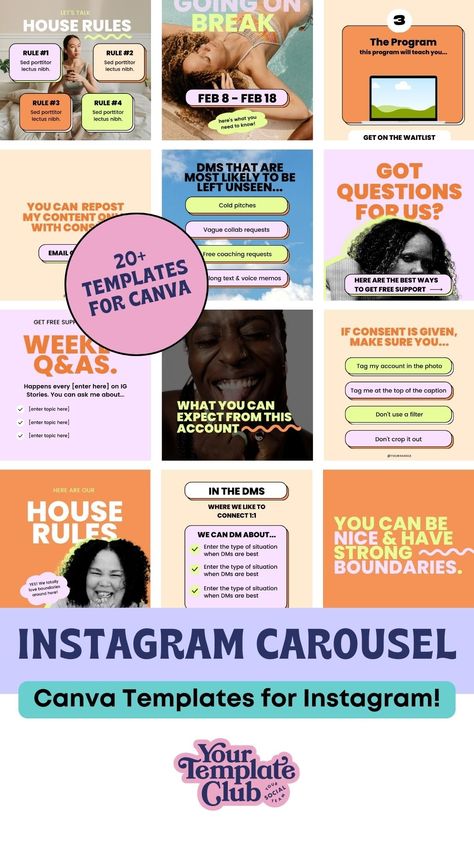 Boundaries Carousels - Canva Templates for Instagram A pack of beautiful carousel designs to help you communicate your boundaries, rules, Instagram breaks, how to work with you and other important information in a professional and engaging way. Can also be used for any other topics as a regular carousel. This is the best way to educate your audience on a specific topic related to your small business, industry, or niche! Instagram Carousel Template, Carousel Template, Carousel Design, Instagram Photoshop, Instagram Carousel, Wonder Art, Product Based Business, Instagram Engagement, Retro Brand