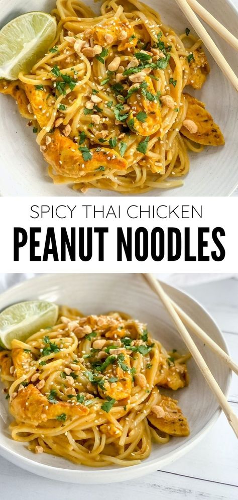 Spicy Thai Peanut Chicken Noodles Spicy Thai Peanut Chicken, Thai Peanut Chicken Noodles, Peanut Chicken Noodles, Peanut Chicken Stir Fry, Peanut Chicken Recipe, Entertaining Meals, Recipes Ramen, Peanut Satay Sauce, Thai Chicken Satay