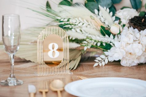 Midcentury Arch Table Numbers for Wedding Modern Party Event | Etsy Arch Table Numbers, Card Table Sign, Party Event Decor, Mid Century Modern Wedding, Wedding Table Sign, Arch Table, Acrylic Table Numbers, Wedding Acrylic, Acrylic Table Number