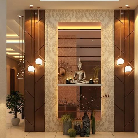 Flat Entrance Lobby Design, Foyer Design Modern Entrance, Entrance Lobby Design, Foyer Designs, Buddha Wall Decor, Entrance Foyer Design, Buddha Home Decor, Foyer Wall, Partition Ideas