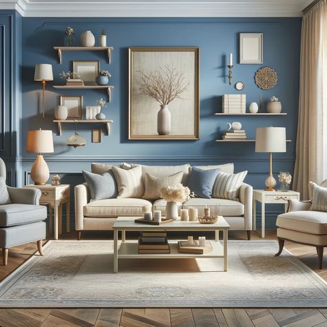 blue walls and beige furniture Blue Living Room Walls, Blue Accent Wall Living Room, Blue Paint Living Room, Beige Furniture, Picture Wall Living Room, Brown And Blue Living Room, Blue Walls Living Room, Formal Lounge, Furniture Colors