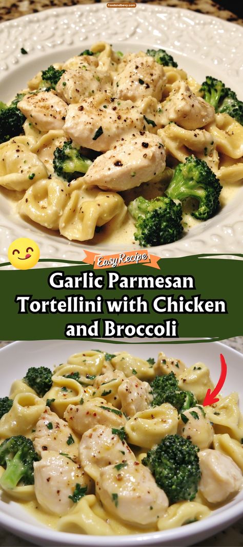 Indulge in the rich flavors of Garlic Parmesan Tortellini with Chicken and Broccoli. This dish features cheese-filled tortellini and tender chicken pieces, all tossed in a creamy garlic and Parmesan sauce with vibrant, nutritious broccoli. It's a hearty, comforting meal that's easy to prepare and sure to please the whole family. #TortelliniDinner #GarlicParmesan #WeeknightMeals Pesto Chicken With Tortellini, Chicken And Tortellini Recipes Simple, Tortellini With Broccoli Recipes, Creamy Chicken And Tortellini, Creamy Chicken Tortellini Pasta, Garlic Parmesan Tortellini With Chicken, Garlic Parmesan Chicken Tortellini, Lemon Chicken Tortellini, Garlic Parmesan Tortellini With Chicken And Broccoli