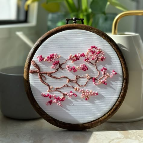 A 5.3 x 5.3 inches cherry blossom tree finished embroidery hoop art Embroidered Hoop Art, Textile Embroidery Art, Cherry Blossoms Embroidery, Cherry Blossom Embroidery Tutorial, Diy Cherry Blossom Tree, Embroidered Cherry Blossoms, Blossom Tree Embroidery, Cherry Tree Embroidery, Cherry Blossom Embroidery Pattern