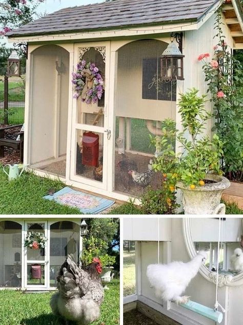 Country garden chicken coop, and more creative backyard chicken coop ideas. | The Most Beautiful Chicken Coops We've Ever Seen Garden With Chicken Coop Layout, French Chicken Coop, Dollhouse Chicken Coop, Greenhouse Chicken Coop Combo, Shabby Chic Chicken Coop, Aesthetic Chicken Coop, Barnyard Chickens, Garden Chicken Coop, Mini Homestead