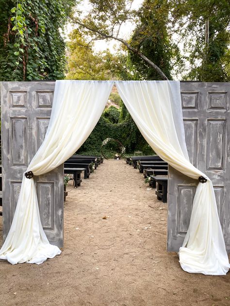 Our Door Wedding, Wedding Outdoor Alter Ideas, Wedding Curtain Entrance Outdoor Ceremony, Wedding Doors Entrance Outdoor Ceremony Diy, Diy Wedding Entrance Entryway, Outdoor Wedding Entryway, Outdoor Wedding Entrance Decor, Boho Wedding Door Entrance, Hide The Bride Outdoor Wedding