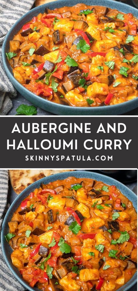 Eggplant Halloumi, Halloumi Aubergine, Halloumi Bake, Halloumi Curry, Easy Vegetarian Curry, Vegetarian Recepies, Aubergine Recipe, Wfpb Recipes, Vegetarian Curry