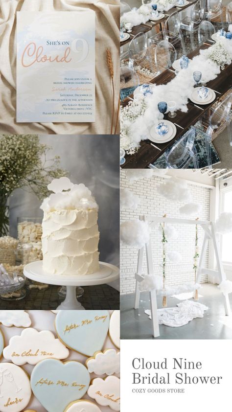 Ideas and trends for cloud nine dreamy bridal shower with invitation, decor, party supplies and favors. Shower Mood Board, Couples Shower Themes, Cloud Baby Shower Theme, Mood Board Collage, Pastel Texture, Engagement Party Themes, Cloud Party, Board Collage, Cloud Theme