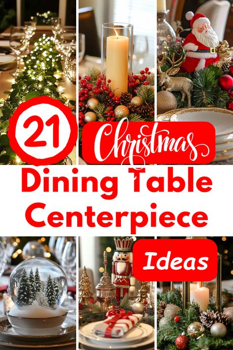 Transform your holiday table with these 21 stunning Christmas dining table centerpiece ideas! From classic garlands to playful DIY gingerbread houses, find inspiration for every festive style. #ChristmasCenterpieces #HolidayTableDecor #FestiveDiningIdeas #ChristmasDecorInspiration #TableSettingTips Dining Table Design For Christmas, How To Decorate Round Dining Table For Christmas, Xmas Table Centerpiece, Centerpiece For Dining Table Christmas, Decorate Dining Table For Christmas, Dining Table Christmas Decorations, Simple Christmas Table Settings Ideas Centerpieces, Christmas Centerpieces With Ornaments, Christmas Garland Centerpiece